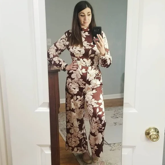 Forever 21 Jumpsuit, Size L, Floral Burgundy Satin Jumpsuit, Large - Picture 2 of 8